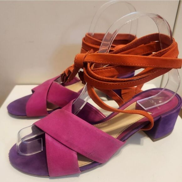 B Brian Atwood "Astor" Pink,Purple, Orange Suede Lace Up Sandals Heel Sz.6 $445 - Picture 4 of 9